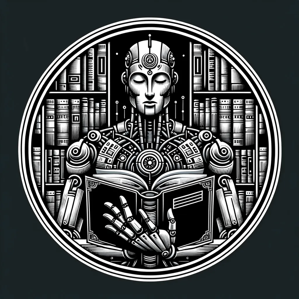 Robot Reading a book in a library.