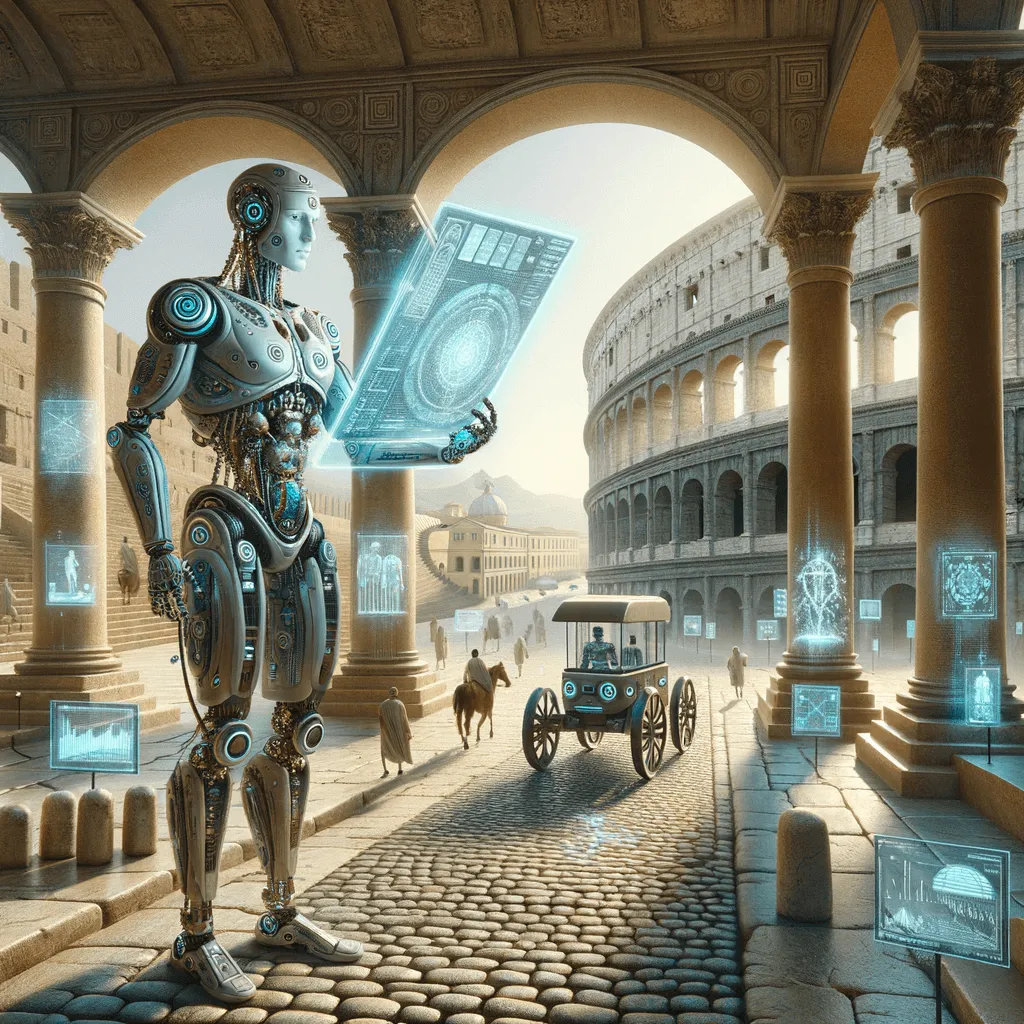 Robotic giant on ancient Rome streets.