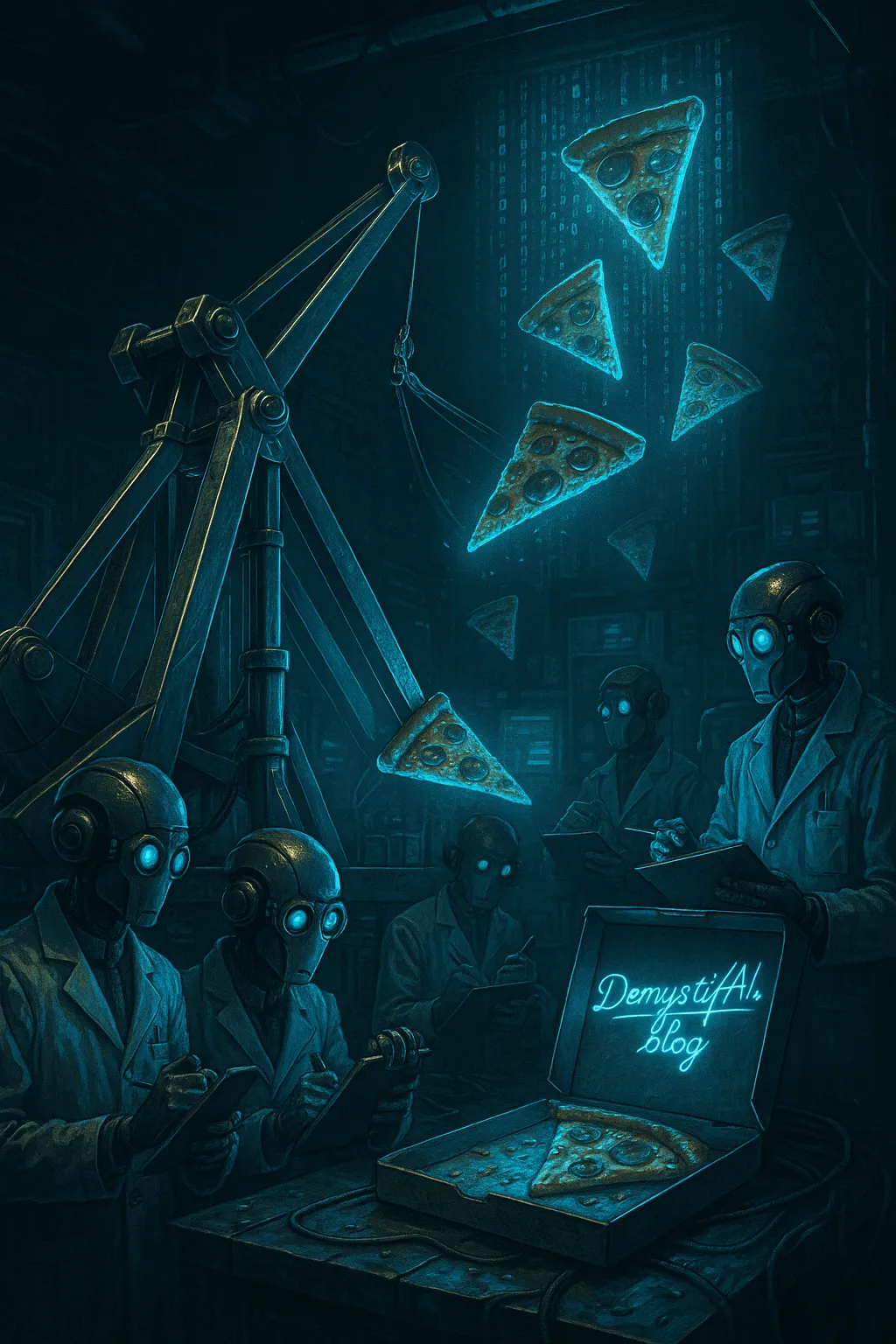 Robots making experiments with using trebuchet for pizza slices