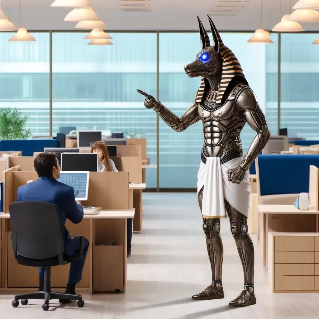 Robotic Anubis scolding somebody at the office.